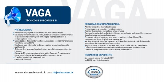 Vaga: Técnico de Suporte de TI – Usinox